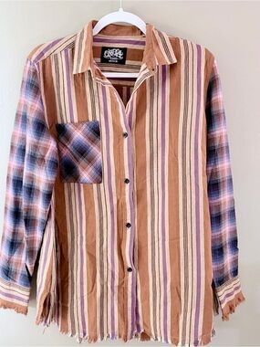 One 24 Rags Medium Striped Plaid Long Sleeve Button Down Shirt Frayed Hem